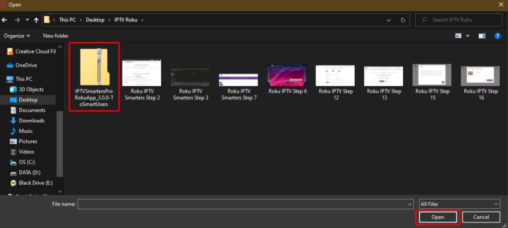 Accédez à l'emplacement où vous avez téléchargé le package IPTV Smarters (le mien était mon Desktop/Bureau). Sélectionnez le dossier téléchargé et cliquez sur Open/Ouvrir.